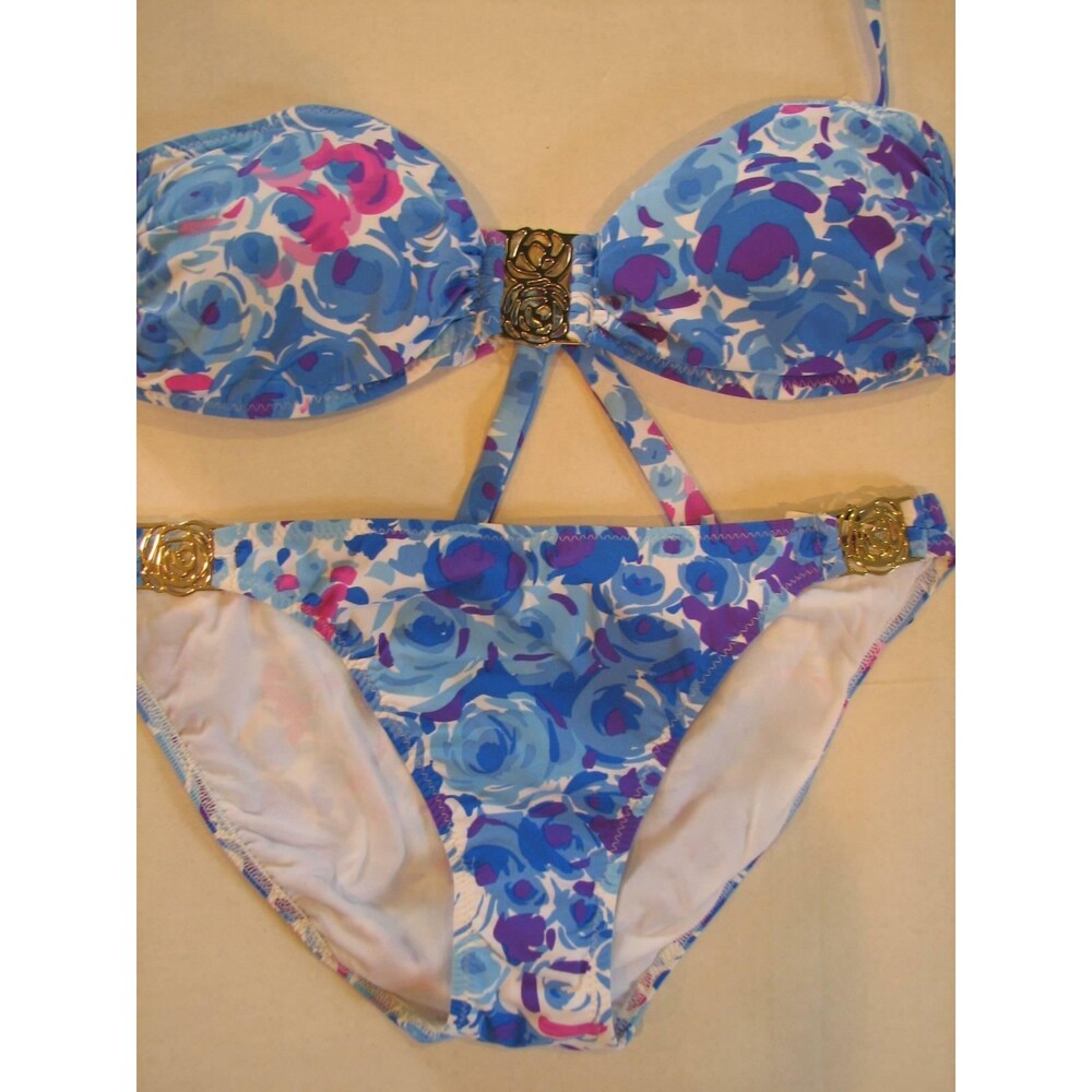 ABS Allen Schwarz Rosette Bandeau Bikini Swimsuit  Blue Floral  Bathing Suit 10